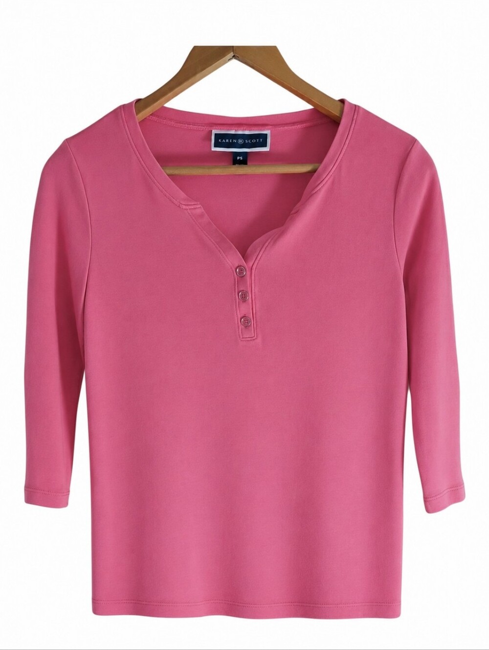 Karen Scott Pink Henley Top Petite Small (PS) - 3/4 Sleeve Split Neck T-Shirt